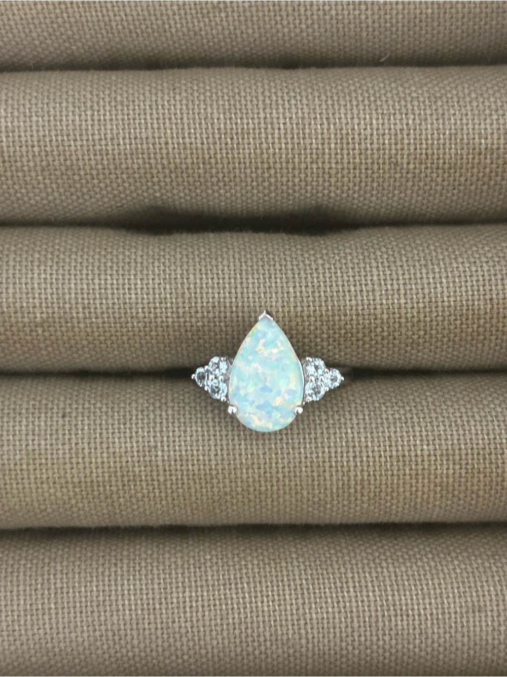 Sterling Silver Teardrop Opal Ring with Side Cubic Zirconia - White Opal size 7